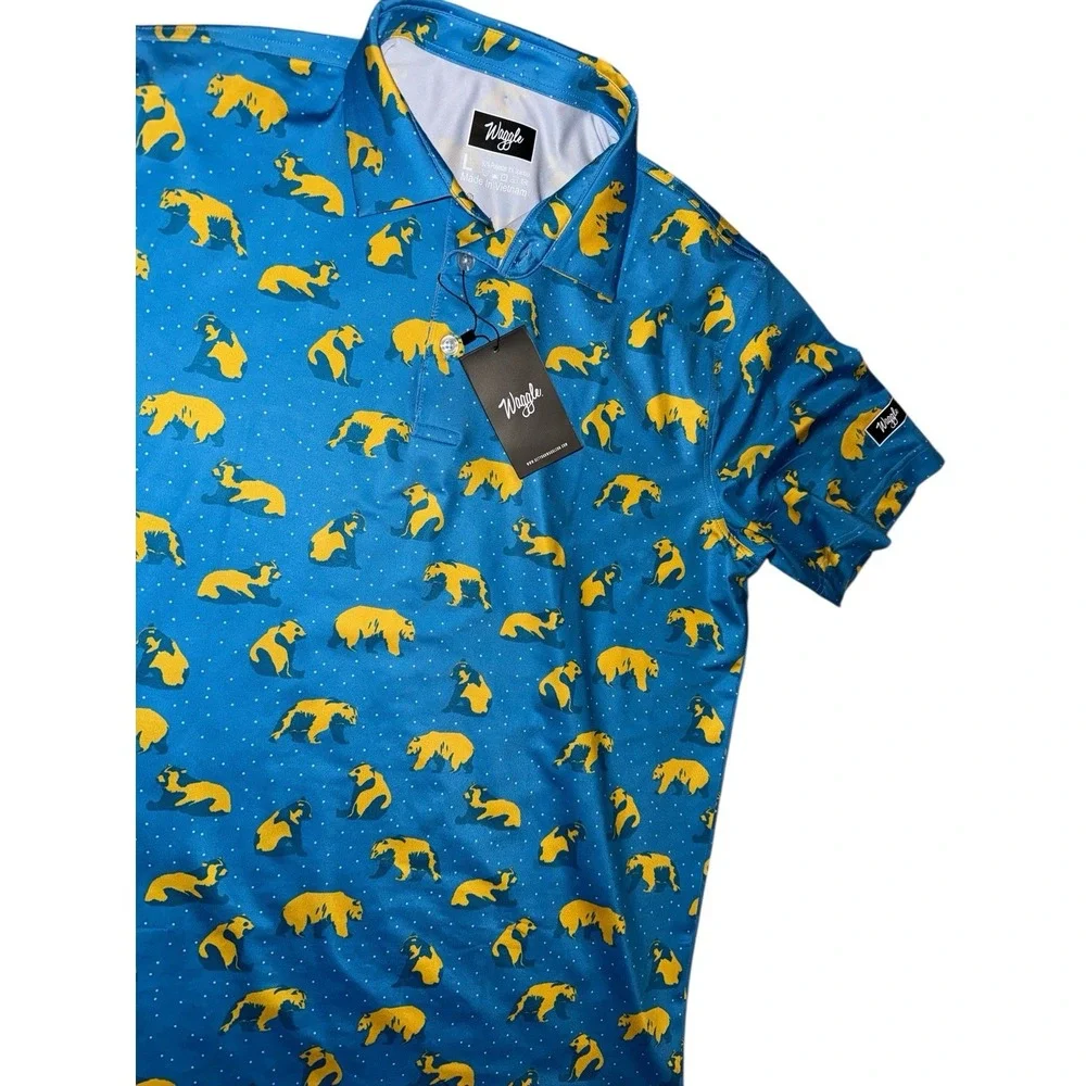 Waggle NWT Mens Blue Yellow Bears‎ Performance Short Sleeve Polo Golf Size L - Picture 7 of 7